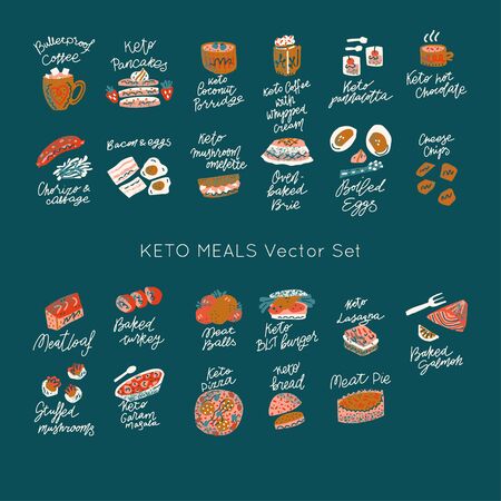 Ketogenic diet meals vector set. Hand painted illustration made in funny doodle style. Big bundle of clipart Keto diet elements with hand lettering.のイラスト素材