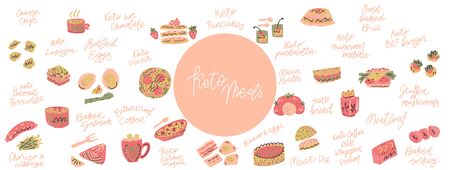 Ketogenic diet meals vector set. Hand painted illustration made in funny doodle style.Vector Horizontal header web template.のイラスト素材