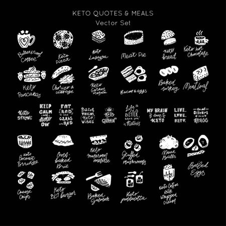 Ketogenic diet meals vector set. Hand painted illustration made in funny doodle style. Collection of keto dishes and motivational lettering.のイラスト素材