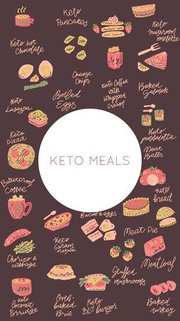 Ketogenic diet meals vector set. Hand painted illustration made in funny doodle style.Social media photo frame. Template for stories mobile interface, ui, app, web. Vector illustration.のイラスト素材