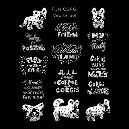 Fin Corgi dog vector set. Illustrations and hand lettering. Collection of hand drawn elements made in doodle style. Set for package, t-shirts, merch design.のイラスト素材
