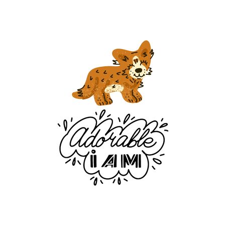 Hand drawn Welsh Corgi  lettering quote - Adorable I am - with illustration of happy dog. Unique vector quote poster.Custom typography for package, t-shirts, merch design.のイラスト素材