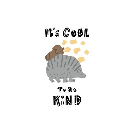 Cute premade vector card. Hand lettering quote - It's cool to be kind - with different illustrations around. Positive  poster for your designs:t-shirts,bags,posters,merch. nursery, fabric.のイラスト素材