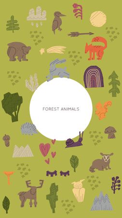 Woodland Forest Animals vector set. Hand drawn elements in paper-cut style. Social media photo frame. Template for stories mobile interface, ui, app, web. Vector illustration.のイラスト素材