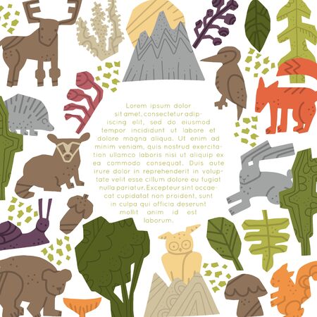 Woodland Forest Animals vector set. Hand drawn elements in paper-cut style. Vector handdrawn isolated circle concept. Round frame premade design.のイラスト素材