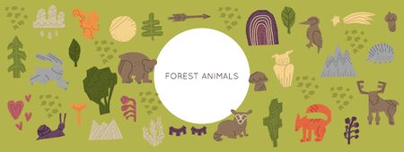 Woodland Forest Animals vector set. Hand drawn elements in paper-cut style. Nature inspired simple geometry 
shapes, textured illustration. Vector Horizontal header web template.のイラスト素材