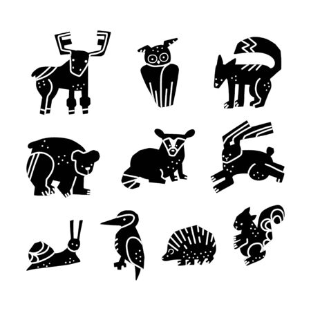 Woodland Forest Animals vector set. Hand drawn elements in paper-cut style. Nature inspired simple geometry shapes, textured illustration.のイラスト素材