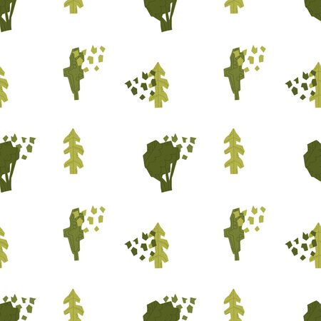 Green trees seamless pattern. Hand drawn elements in paper-cut style. Nature inspired simple geometry shapes, textured illustration. Vector background.のイラスト素材