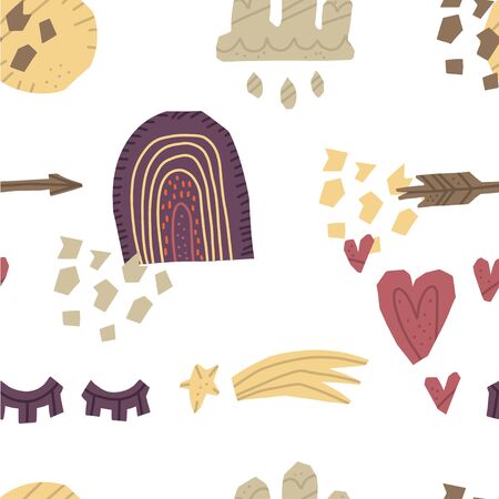 Nursery elements seamless pattern. Hand drawn elements in paper-cut style. Nature inspired simple geometry shapes, textured illustration. Vector background.のイラスト素材