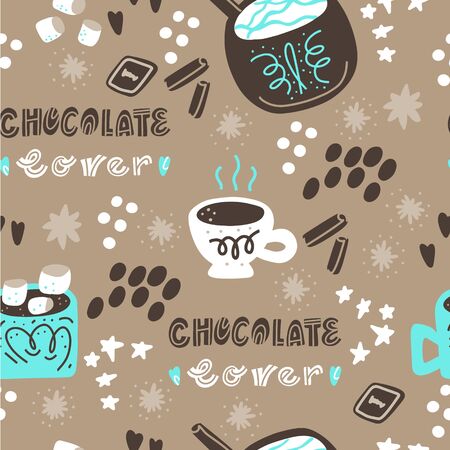 Hot chocolate and cocoa collection of hand drawn vector elements. Seamless pattern. Vector handdrawn elements. Silhouette background.のイラスト素材
