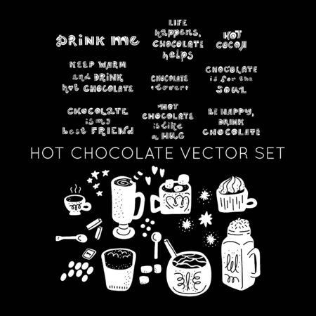 Hot chocolate and cocoa collection of hand drawn vector elements. Set of Illustrations and Hand Lettering made in funny doodle style. Monochrome silhouette objects. のイラスト素材