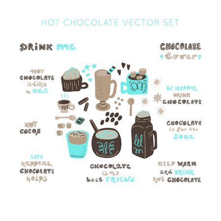 Hot chocolate and cocoa collection of hand drawn vector elements. Set of Illustrations and Hand Lettering made in funny doodle style.  のイラスト素材