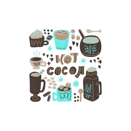 Hot chocolate and cocoa collection of hand drawn vector elements. Illustration made in doodle style. Square frame. Vector handdrawn isolated rectangle concept.のイラスト素材