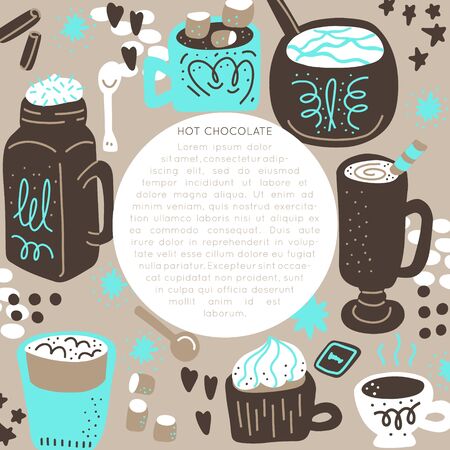 Hot chocolate and cocoa collection of hand drawn vector elements. Illustration made in doodle style. Round frame. Vector handdrawn isolated circle concept.のイラスト素材