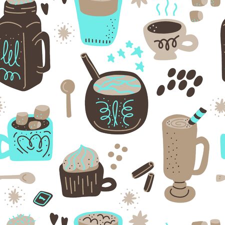 Hot chocolate and cocoa collection of hand drawn vector elements. Seamless pattern. Vector handdrawn elements. Silhouette background.のイラスト素材