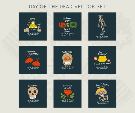 Mexican Day of the Dead  (Dia de los Muertos) vector symbols bundle. Hand painted Premade cards set made in funny doodle style. Modern concept for cards, banners and merch design. のイラスト素材