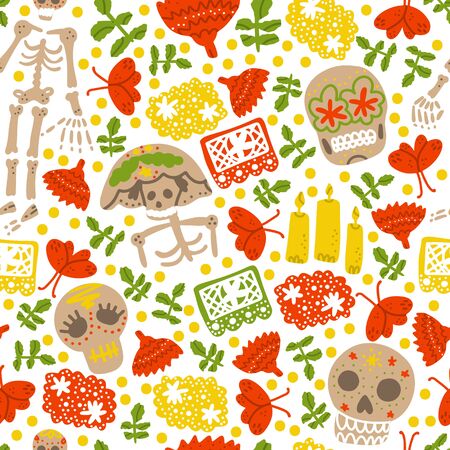 Mexican Day of the Dead  (Dia de los Muertos) vector set. Hand painted illustration made in funny doodle style. Seamless pattern. Vector handdrawn elements. Silhouette background.のイラスト素材