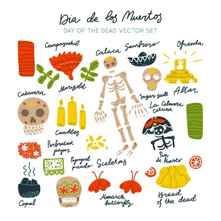 Mexican Day of the Dead  (Dia de los Muertos) clipart vector set. Hand painted illustration made in funny doodle style. Set of dramings.のイラスト素材