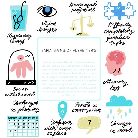 Alzheimer's disease early signs. Medicine handdrawn vector icons. Illustration made in doodle style, colourful design.Vector handdrawn square frame. Isolated rectangle concept.のイラスト素材