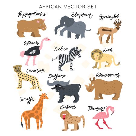 African safari animals clipart vector set. Hand drawn elements in paper-cut style. Nature inspired simple geometry shapes, textured illustration.のイラスト素材