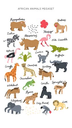 African safari animals clipart vector set. Hand drawn elements in paper-cut style. Nature inspired simple geometry shapes, textured illustration. Mega bundle.のイラスト素材