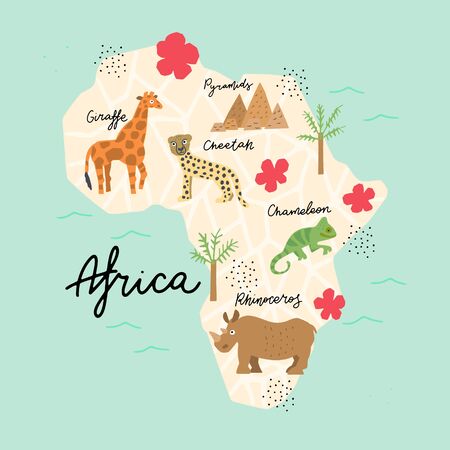 Africa Continent Map. Vector illustration. Hand painted Premade concept made in funny doodle style. Cartography for cards, banners and merch design.のイラスト素材