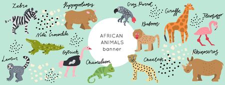 African safari animals vector set. Hand drawn elements in paper-cut style. Nature inspired simple geometry shapes, textured illustration.Vector Horizontal header web template.のイラスト素材