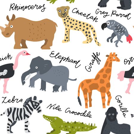 African safari animals vector set. Hand drawn elements in paper-cut style. Nature inspired simple geometry shapes.Seamless pattern background.のイラスト素材