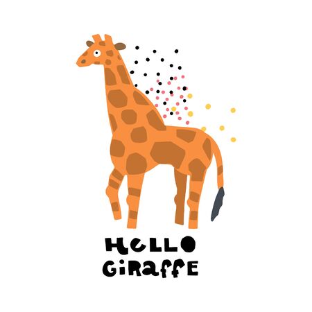 African safari vector set. Hand lettering quote - Hello Giraffe - with different illustrations around. Unique poster for your designs:t-shirts,bags,posters,merch.のイラスト素材