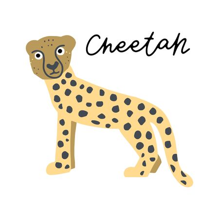 African safari Cheetah animals clipart vector set. Hand drawn elements in paper-cut style. Nature inspired simple geometry shapes, textured illustration.のイラスト素材