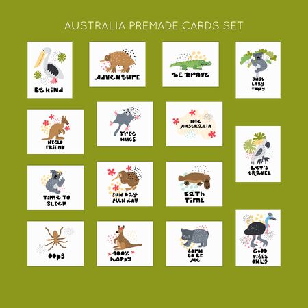 Cute premade vector cards set. Hand lettering quotes with different illustrations around. Positive  posters bundle for your designs:t-shirts,bags,posters,merch. nursery, fabric.のイラスト素材