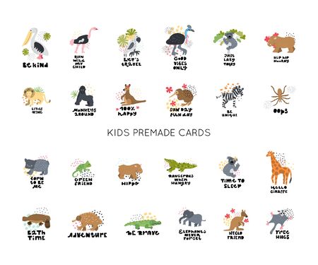 Cute premade vector cards set. Hand lettering quotes with different illustrations around. Positive  posters bundle for your designs:t-shirts,bags,posters,merch. nursery, fabric.のイラスト素材