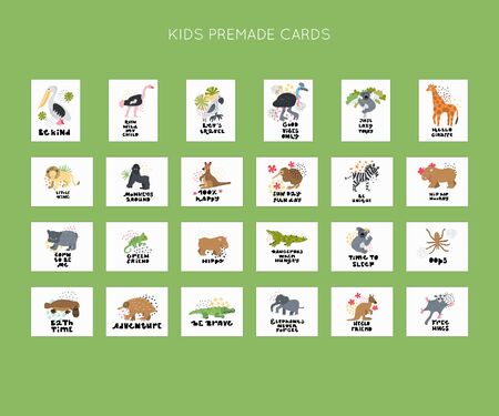 Cute premade vector cards set. Hand lettering quotes with different illustrations around. Positive  posters bundle for your designs:t-shirts,bags,posters,merch. nursery, fabric.のイラスト素材