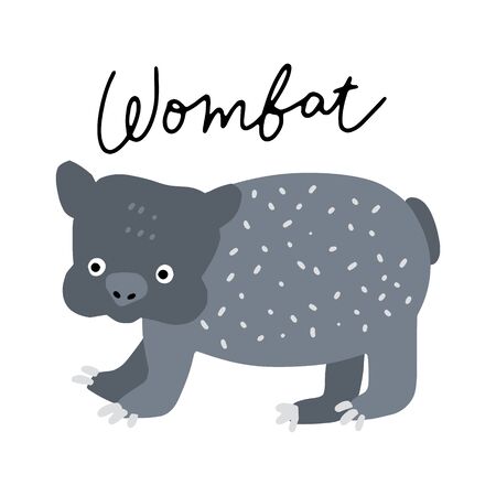 Australian Animal Wombat vector illustration clipart. Kids design poster. Wild mammal drawing in scandinavian style. Handwritten lettering. Exotic wildlife. のイラスト素材