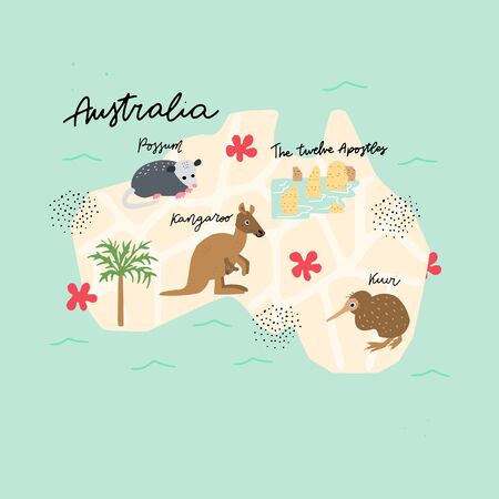 Drawn Map of Australia with colorful landmarks illustration design. Kids design poster. Geography drawing in scandinavian style. のイラスト素材