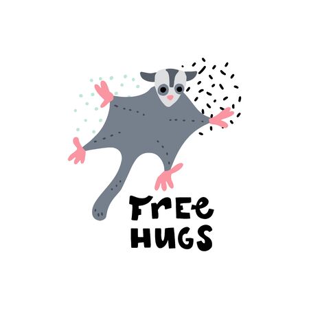 Cute premade vector card. Hand lettering quote - Free Hugs - with different illustrations around. Positive  poster for your designs:t-shirts,bags,posters,merch. nursery, fabric.のイラスト素材