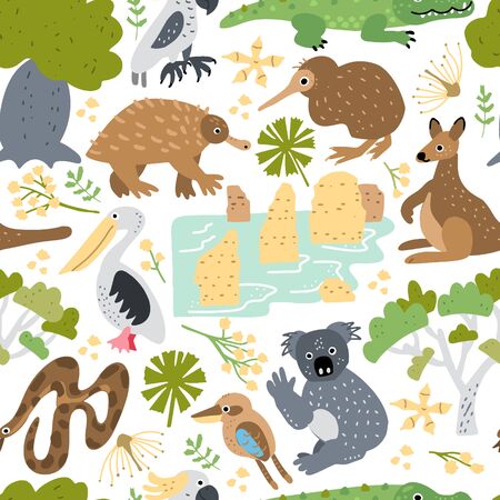 Australia hand drawn color vector seamless pattern. Scandinavian illustration. Wrapping paper, textile, background fill.のイラスト素材