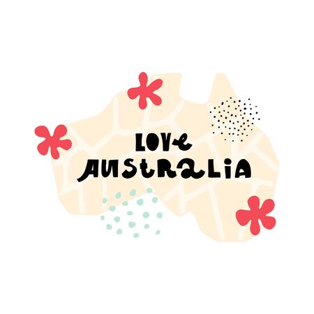 Cute premade vector card. Hand lettering quote - Love Australia- with different illustrations around. Positive  poster for your designs:t-shirts,bags,posters,merch. nursery, fabric.のイラスト素材