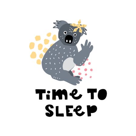 Cute premade vector card. Hand lettering quote -Time To Sleep- with different illustrations around. Positive  poster for your designs:t-shirts,bags,posters,merch. nursery, fabric.のイラスト素材