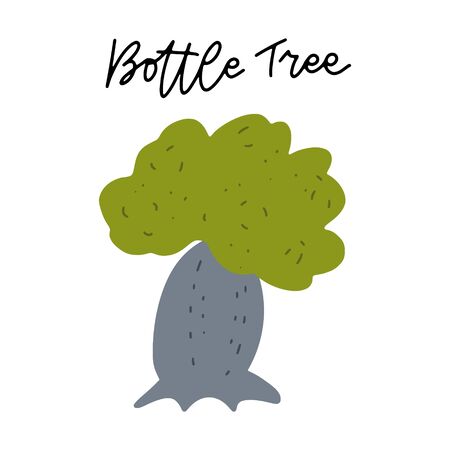 Australian Landmark Bottle Tree vector illustration. Vector isolated clipart. Kids design poster. Drawing in scandinavian style. Handwritten lettering.のイラスト素材