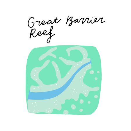 Australian Landmark Great Barrier Reef vector illustration. Vector isolated clipart. Kids design poster. Drawing in scandinavian style. Handwritten lettering.のイラスト素材