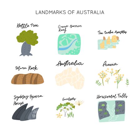 Australian Landmark vector illustration. Vector isolated clipart. Kids design poster. Drawing in scandinavian style. Handwritten lettering.のイラスト素材
