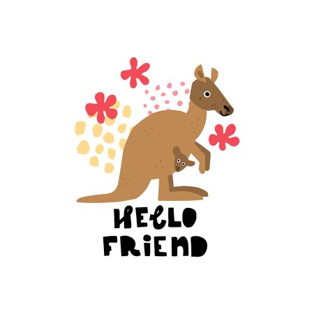 Cute premade vector card. Hand lettering quote - Hello Friend - with different illustrations around. Positive  poster for your designs:t-shirts,bags,posters,merch. nursery, fabric.のイラスト素材