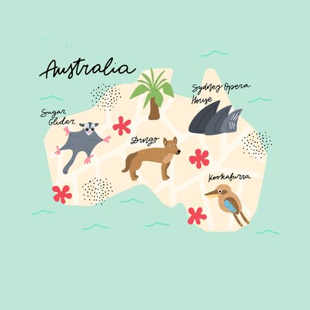 Drawn Map of Australia with colorful landmarks illustration design. Kids design poster. Geography drawing in scandinavian style. のイラスト素材