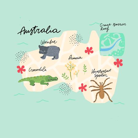 Drawn Map of Australia with colorful landmarks illustration design. Kids design poster. Geography drawing in scandinavian style. のイラスト素材