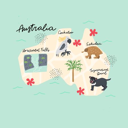 Drawn Map of Australia with colorful landmarks illustration design. Kids design poster. Geography drawing in scandinavian style. のイラスト素材