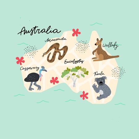 Drawn Map of Australia with colorful landmarks illustration design. Kids design poster. Geography drawing in scandinavian style. のイラスト素材