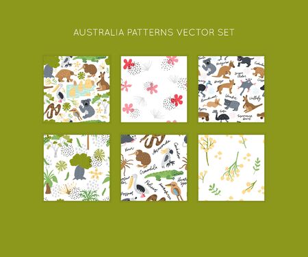 Australia hand drawn color vector seamless patterns set. Scandinavian illustration. Wrapping paper, textile, background fill.のイラスト素材