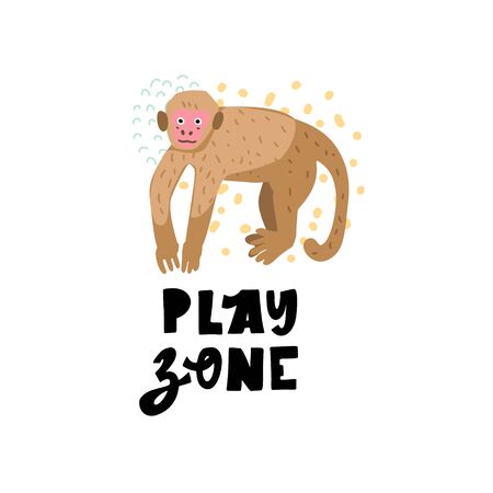 Cute premade vector card. Hand lettering quote -Play Zone- with monkey  illustration. Positive  poster for your designs:t-shirts,bags,posters,merch. nursery, fabric.のイラスト素材