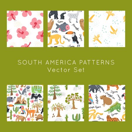 Exotic animals and landscape hand drawn vector seamless patterns set. Scandinavian illustrations endless textures bundle. Wrapping paper, textile, 
background fill.のイラスト素材